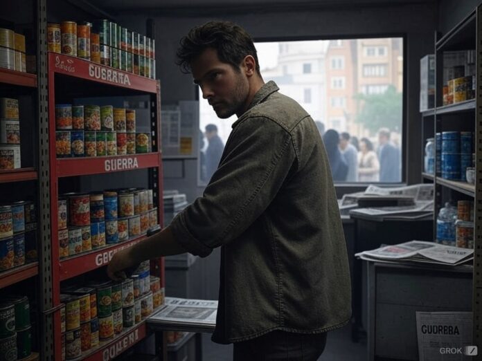 un hombre preparando un almacén con productos mientras en una ventana se ve la guerra