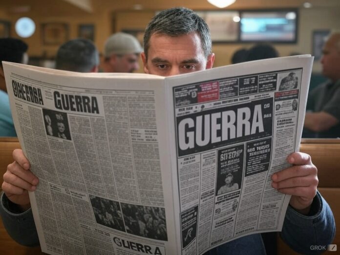 hombre leyendo el periódico con la palabra guerra